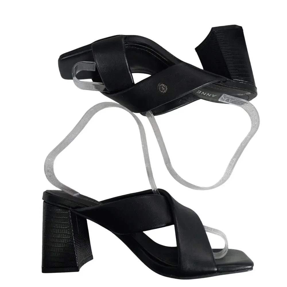 ANNE KLEIN! BLACK VEGAN LEATHER CRISS CROSS STRAP CHUNKY HEELS, SANDALS! 6.5M